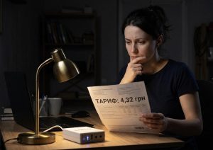 Стурбована жінка при світлі лампи від ДБЖ AXON розглядає рахунок із тарифом 4,32 грн в темній кімнаті.
