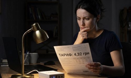 Стурбована жінка при світлі лампи від ДБЖ AXON розглядає рахунок із тарифом 4,32 грн в темній кімнаті.